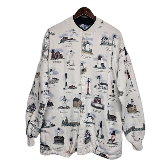 Art Unlimited Other - VTG Art Unlimited Sweatshirt Mens XL AOP Button Lighthouse Cardigan Novelty 3187